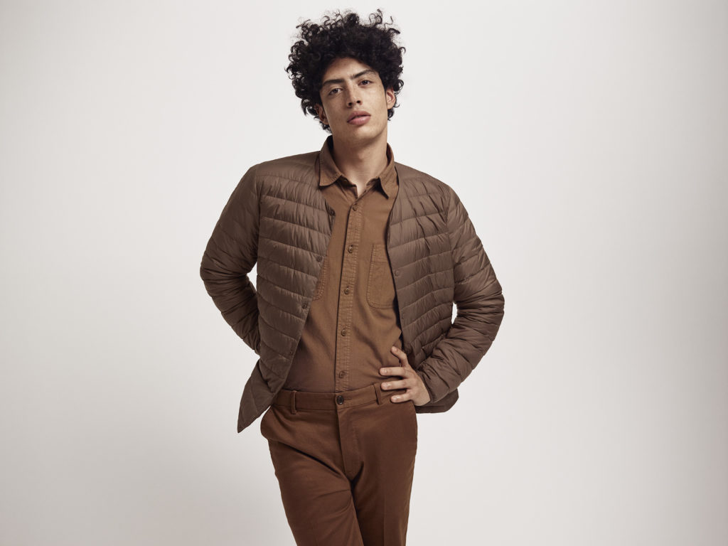 UNIQLO Men Ultra light down jacket paired with wash work long sleeve shirt and EZY relaxed fit ankle pants