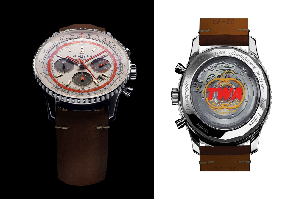 Navitimer 1 B01 Chronograph 43 TWA Edition with silver dial and a vintage-inspired brown leather strap (PPR/Breitling)