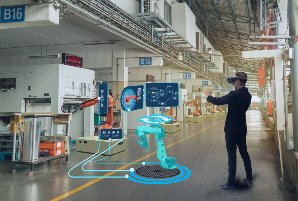 iot smart technology futuristic in industry 4.0 concept, engineer use augmented mixed virtual reality to education and training, repairs and maintenance, sales, product and site design, and more.