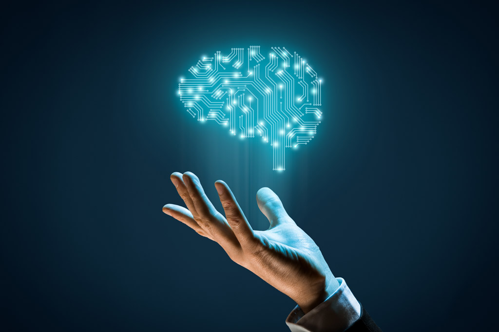 Brain with printed circuit board (PCB) design and businessman representing artificial intelligence (AI), data mining, machine and deep learning and another modern computer technologies concepts.